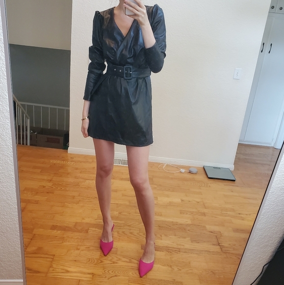 Zara * belted faux leather dress wrap mini black - Picture 9 of 9